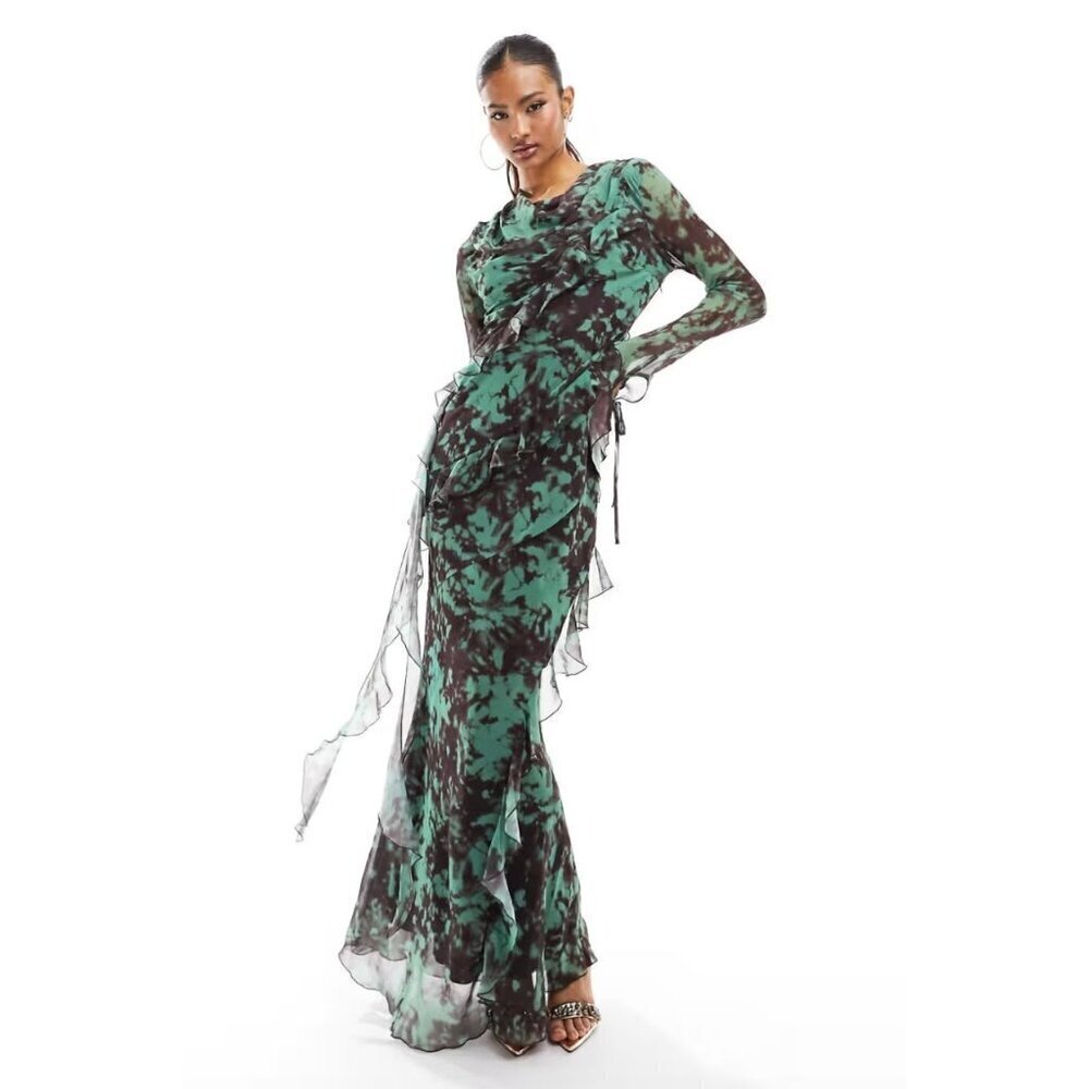 Daska Tiered Chiffon Dress in Green Print Long Sleeve Size UK L